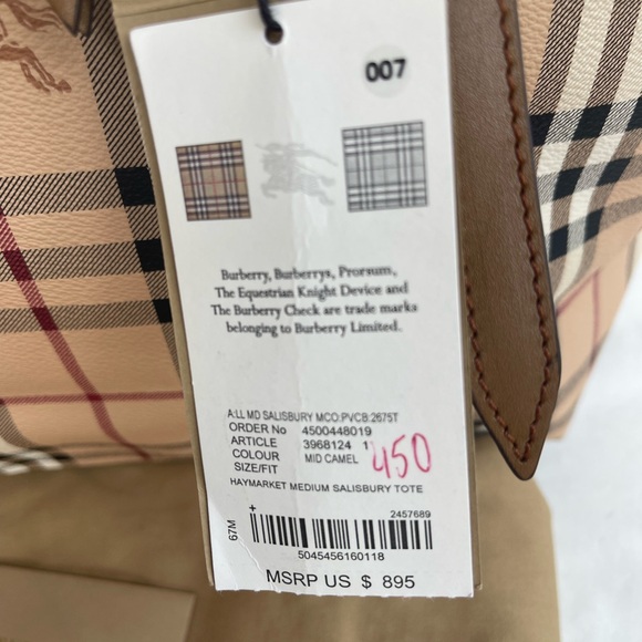 BURBERRY HAYMARKET CHECK MEDIUM SALISBURY BAG Tote  Camel   $895 New Aunt. - Picture 3 of 16